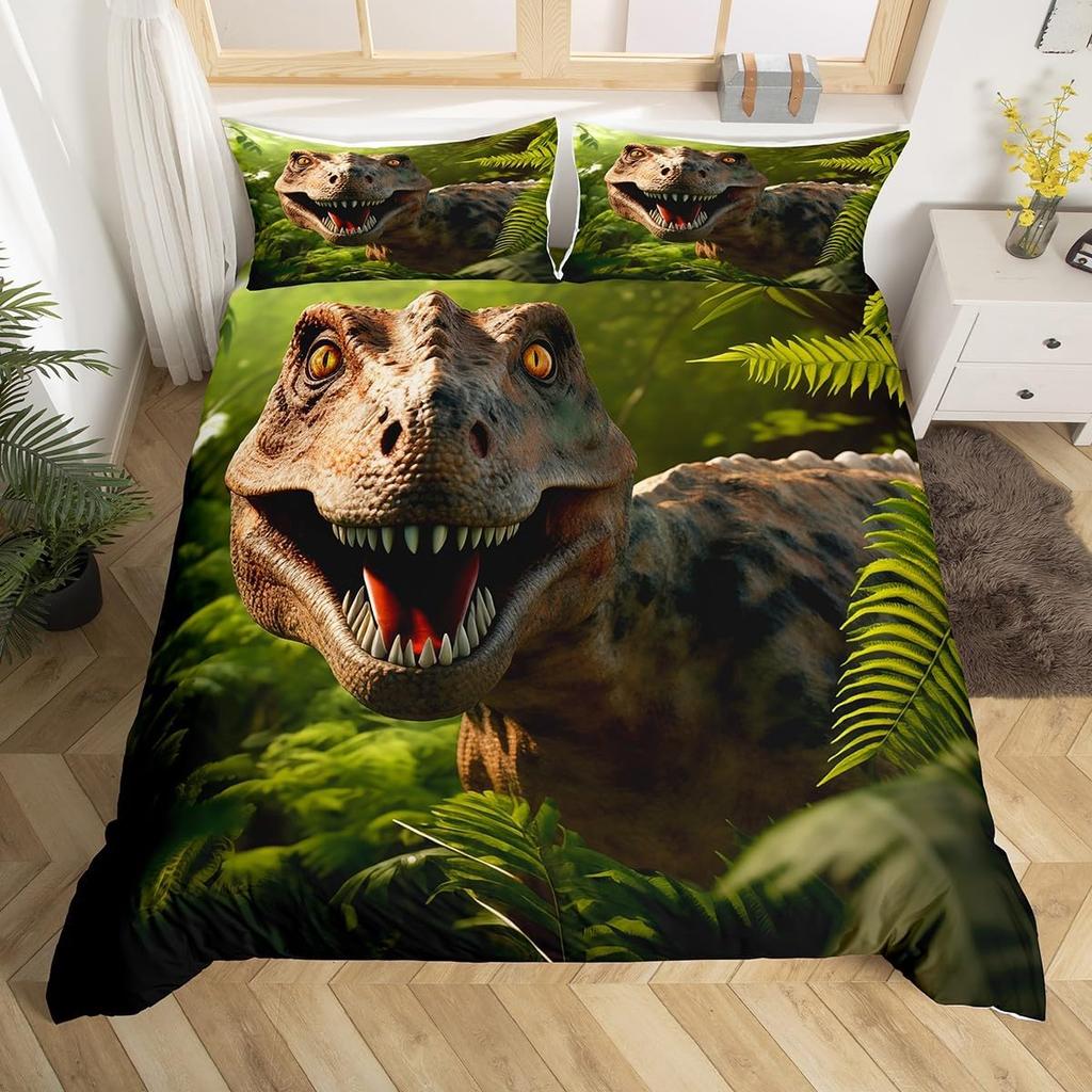 Kids Dinosaur Duvet Cover Twin Queen Bedding Set for Boys Teen Cartoon Jungle Dino Comforter Cover,3D Ancient Animal Quilt Cover