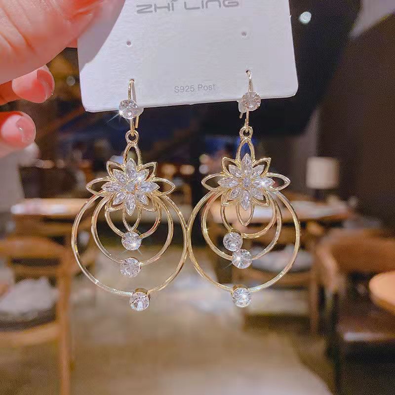 Luxury Crystal Zircon Flower Tassel Earrings For Women Exquisite Opal Flower Rhinestone Earrings Wedding Party Jewelry Gift