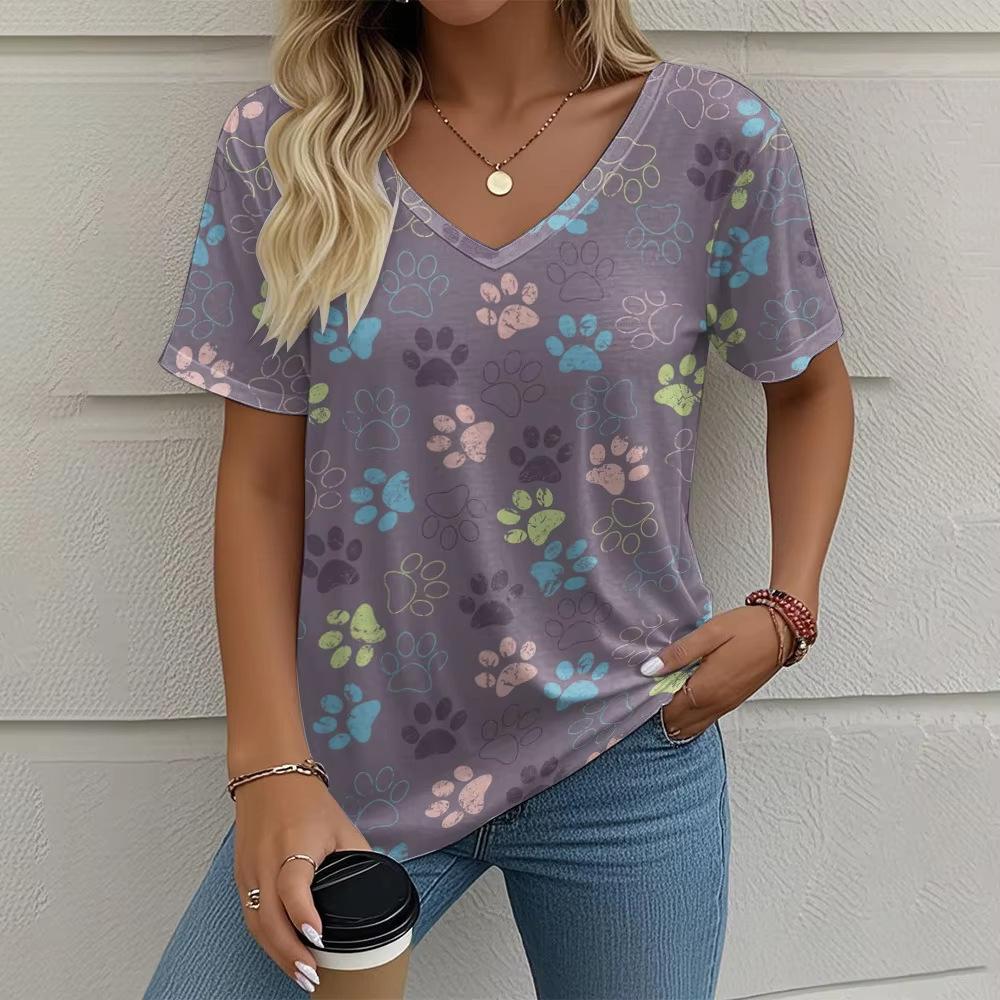 Summer V-neck 3D Printed Cat's Paw Pattern Top Fashionable Casual Short Sleeved Women's T-shirts