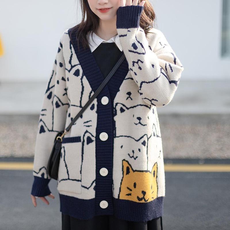 Cardigan Lavorato a Maglia Gatto Cartone Animato Maglione Autunno Inverno Donna Maglione Harajuku Cappotto Scollo a O Manica Lunga Cardigan