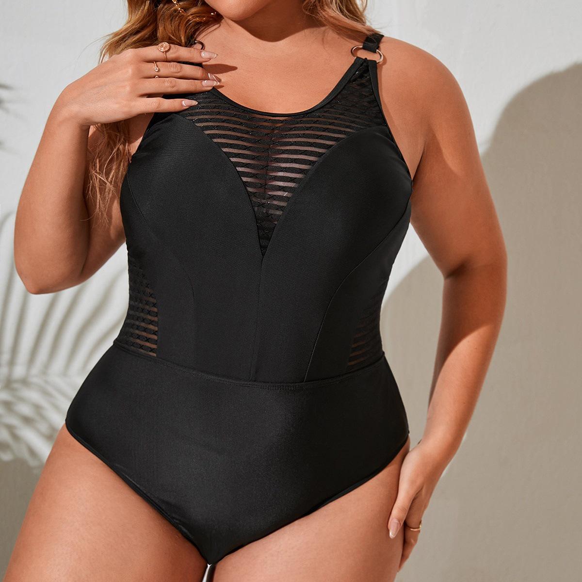 Plus Size V-neck Mesh Black One-Piece Swimsuit for Women L