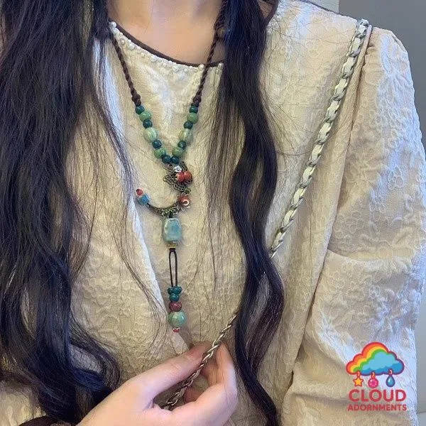 

Ethnic Retro Artistic Cotton And Linen Ceramic Necklace, Women s Butterfly Forest Versatile Long Sweater Chain Tassel Hanging. One Size зелений