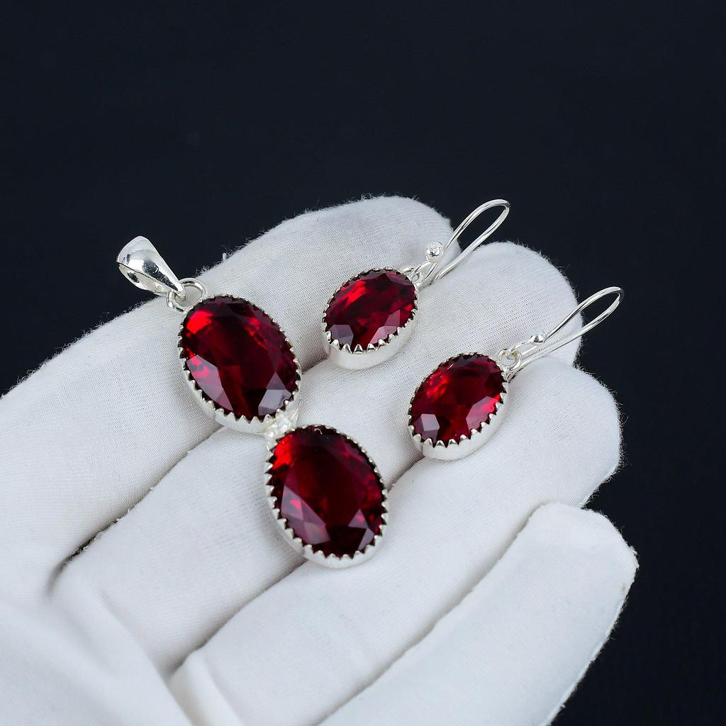 Beautiful Red Garnet Pendant Set, Red Garnet Gemstone Handmade 925 Sterling Silver Earring Pendant Set For Women Pendant Mother's Day Gift