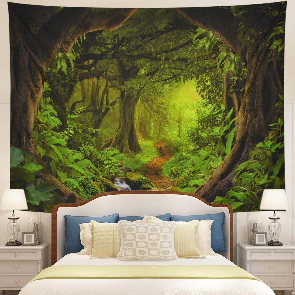 Tushelia Forest Tapestry Psychedelic Tree Cave Tapestries Fantasy Nature Landscape Backdrop Tapestries Stream Through Rainforest Jungle Tapestry Wall