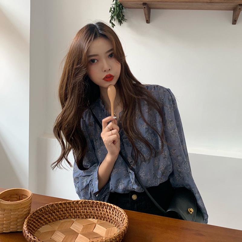 2025 Chic Korean Style Floral Chiffon Women's Long-Sleeve Puff Shirt