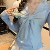 Women's Autumn & Winter Korean Style White Long Sleeve Knit Base Layer Sweet Spicy Girl Bow Sweater Slim-Fit Inner Wear Short Top