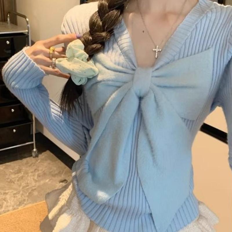 Women's Autumn & Winter Korean Style White Long Sleeve Knit Base Layer Sweet Spicy Girl Bow Sweater Slim-Fit Inner Wear Short Top