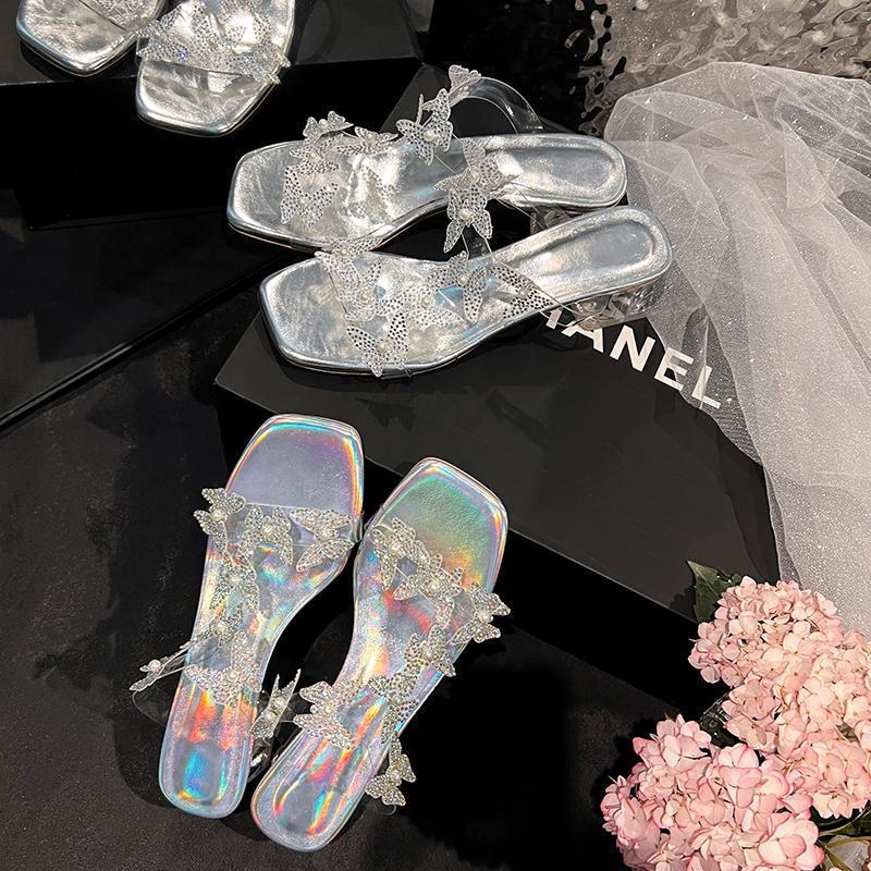 Fairy wind sandals female thick heel 2025 summer new pearl rhinestone butterfly transparent crystal heel half drag square head sandals