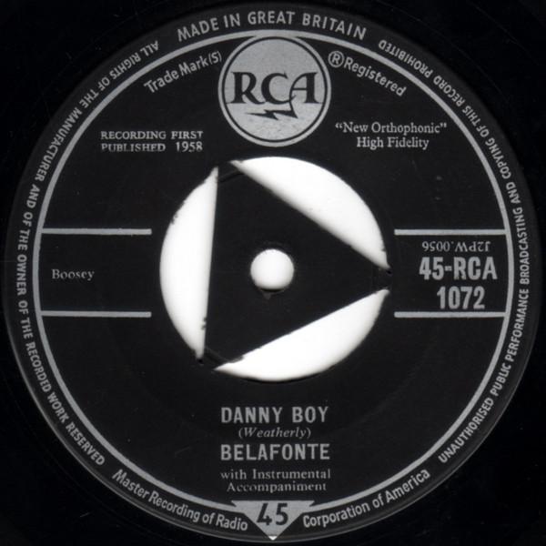 

7-дюймовая пластинка BELAFONTE - Danny Boy 45RCA1072 RCA 1958 UK Джаз Б/У