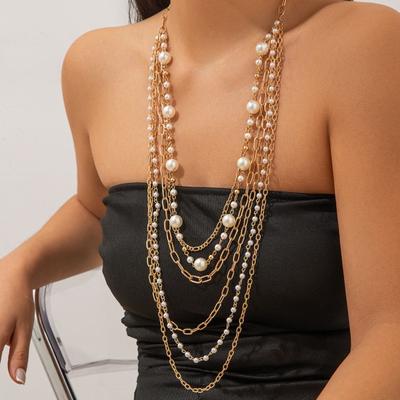Damenhalskette, mehrlagig, Kunstperlen-Dekor, hohle Kette, verstellbare Länge, individueller Stil, Club-Party-Halsschmuck
