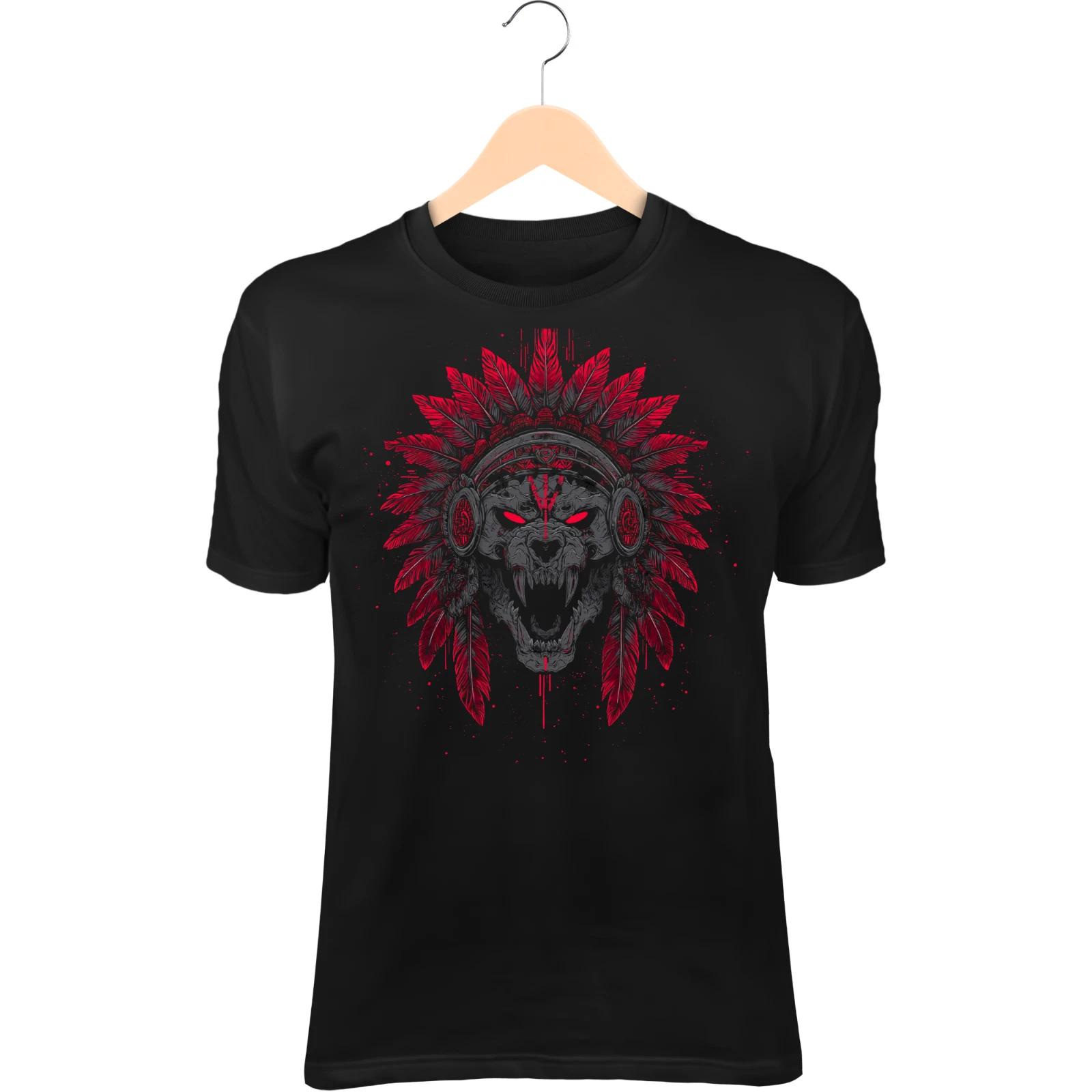 Primal Skull Hunter II T-Shirt – Flaming Wolf Headdress, Red Tribal War Paint 2XL