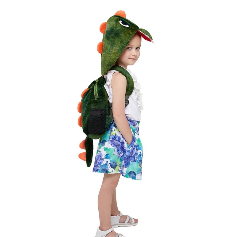 Children's Plush Backpack with Removable Hood Fun Dinosaur Theme Children's Toy School Bag for Preschool or Short Trip