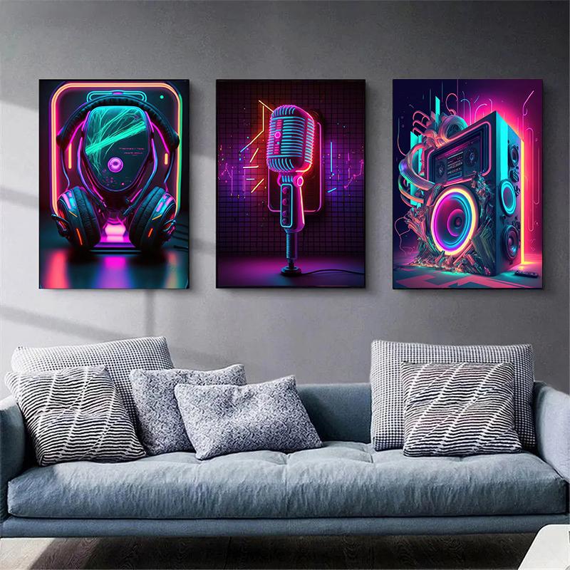 Pop 80S Live Music Neon Punk Poster Aesthetics Dj Guitar Karaoke Headphones Canvas Painting Wall Art Picture for Home Room