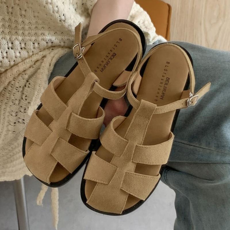 

Модные женские римские сандалии 2025 Лето Новая мода Универсальные Нескользящие Уличные Повседневные Пляжные сандалии Мягкая подошва Круглый носок Обувь на плоской подошве 37 абрикосовый