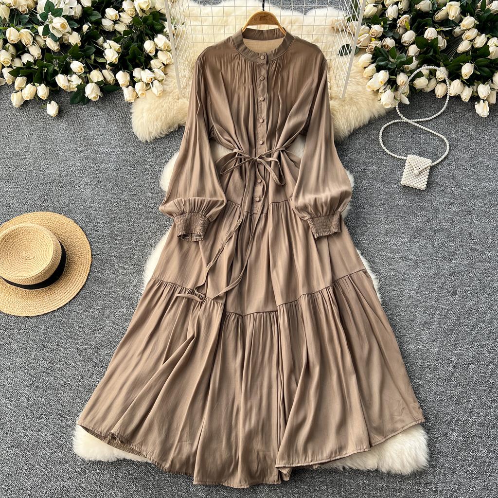 Frenchic Vintage Maxi Dress Women Stand Collar Lantern Sleeve Lace-up Female A-line Elegant Dresses Spring Autumn