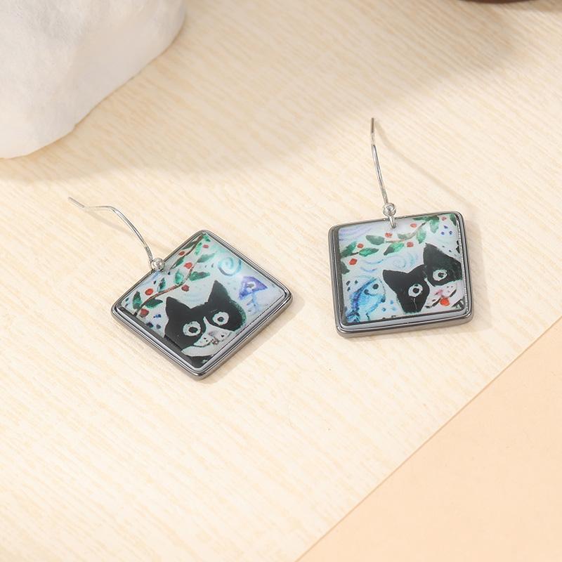 

Cute Cat Enamel Square Dangle Drop Earrings For Women Simple Lovely Animal Earrings Daily Casual Commute Jewelry Idea Gifts
