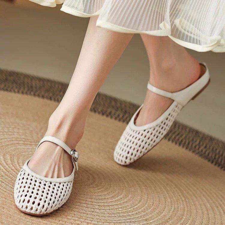 Summer new hollow breathable flat bottom soft bottom slippers women's outer wear bag head half slippers