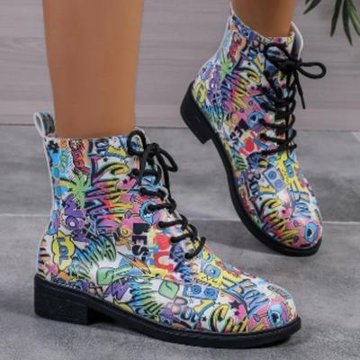 Shoes for Women 2024 Fashion Lace Up Autumn Women's Boots Round Toe Mixed Colors Printing Short Barrel Low Heels Commuting Boots