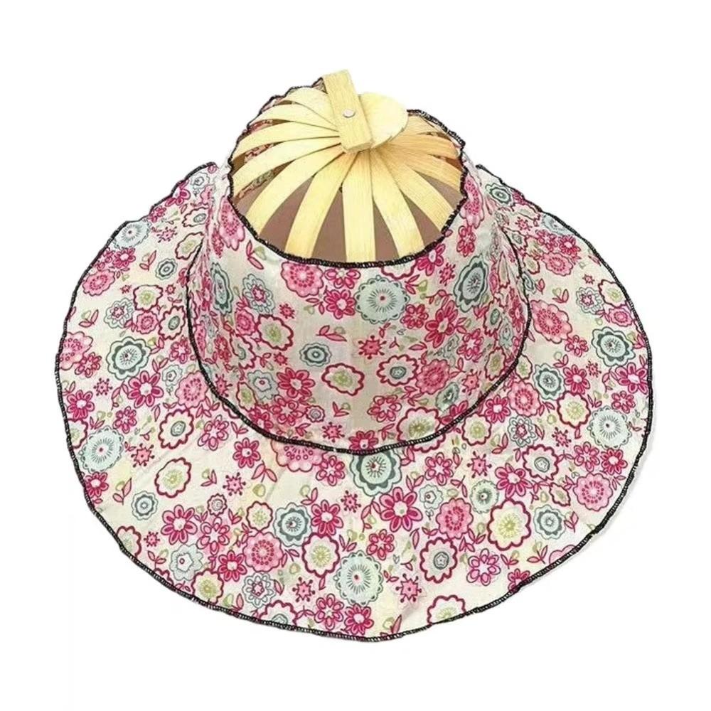Floral Printed Fan Sun Hats Foldable Bamboo Sunscreen Cap Women Sunhat Folding Fan Hat  for Travel