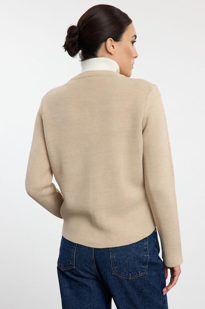 Women's Fashionable Stylish Cardigan Navy Blue Crew Neck Zippered Coat Look Knitwear Cardigan