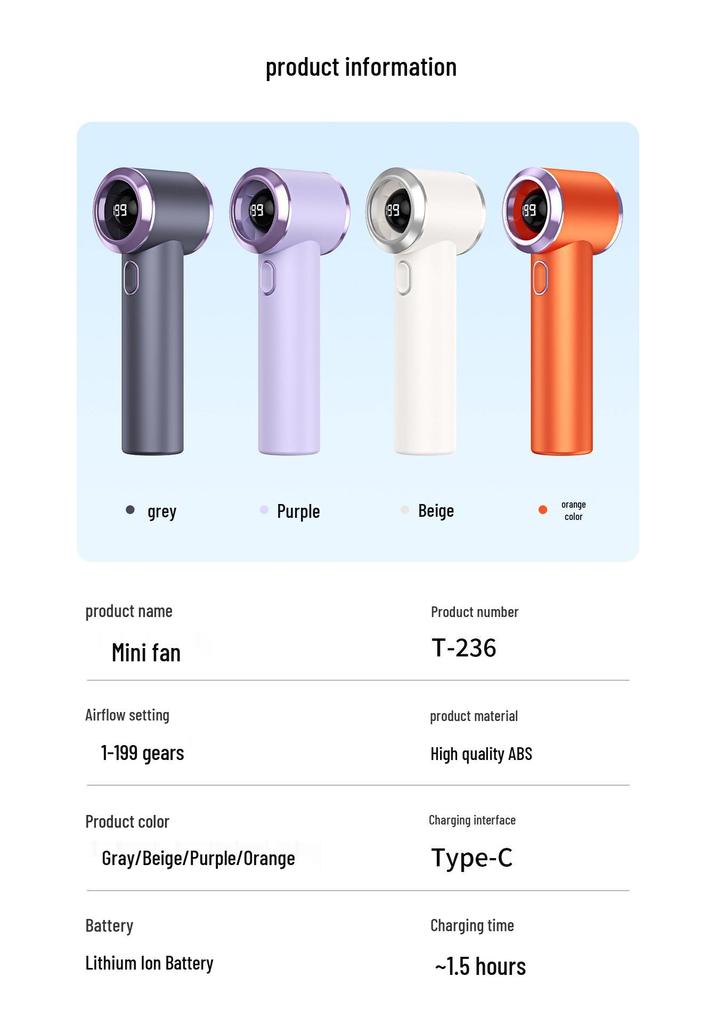T236 Handheld High-Speed USB Fan with Digital Display and 199 Speeds - Compact and Powerful