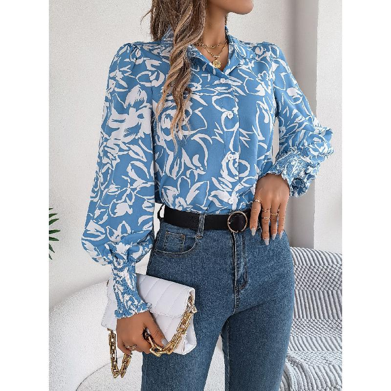2026 Spring/Summer Elegant Contrast Color Floral Lantern Sleeve Turn-down Collar Shirt Casual Breathable Women's Top