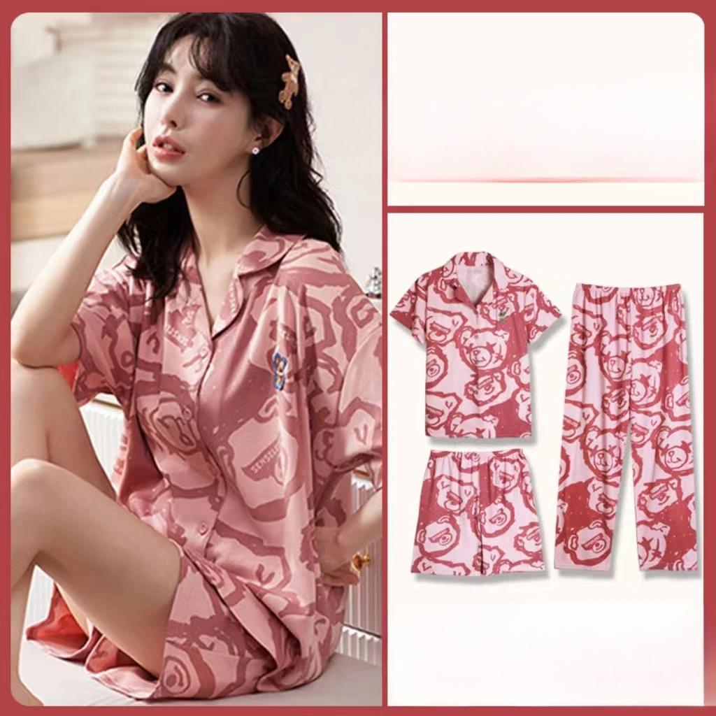 

Женская пижама из трех предметов, женский летний хлопковый комплект с короткими рукавами для отдыха и весны и осени, спортивный кардиган, домашняя одежда L