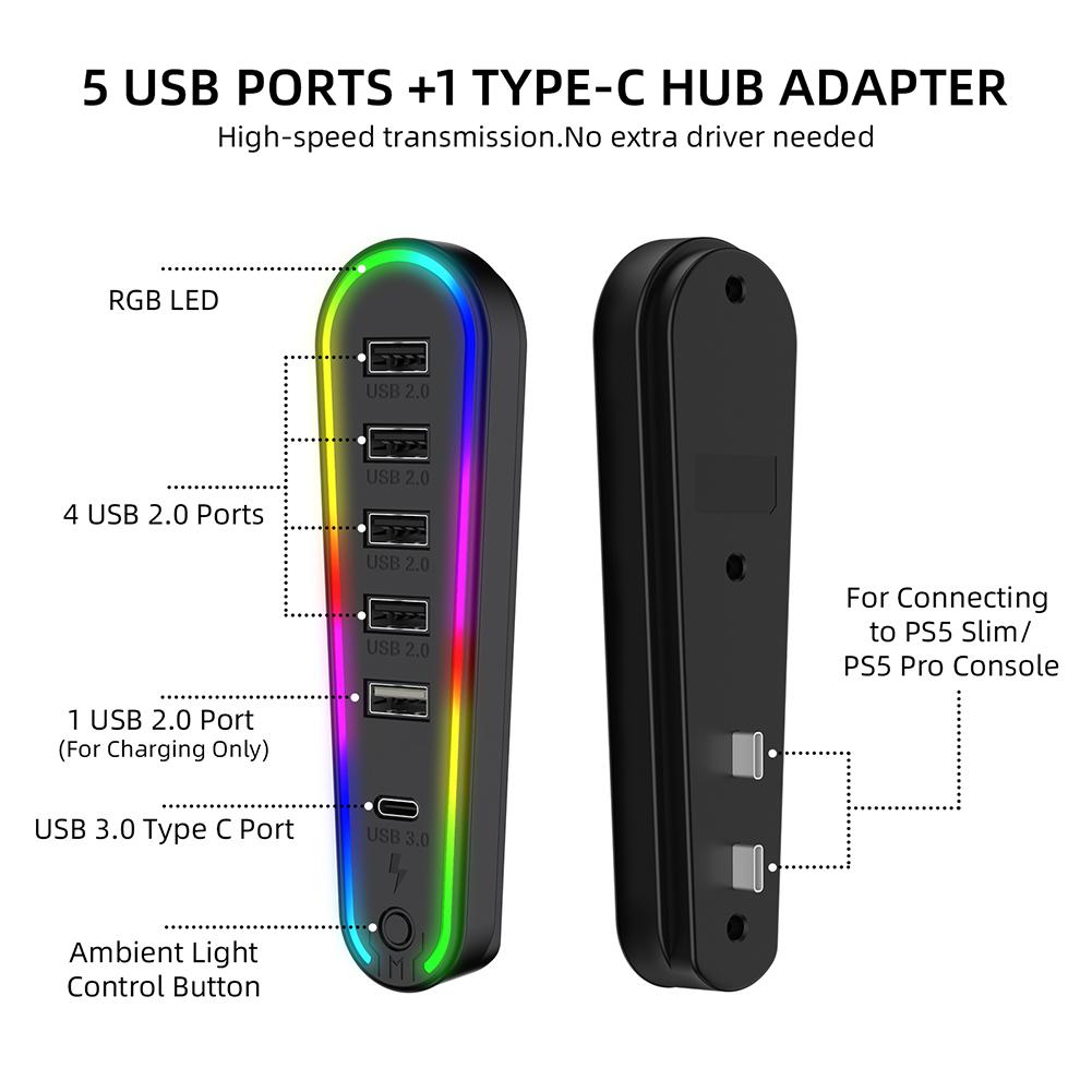 6 in1 USB Hub High-Speed Extra USB Port Extender with RGB Light Charger Adapter Converter for PlayStation 5 Pro/Slim Accessories