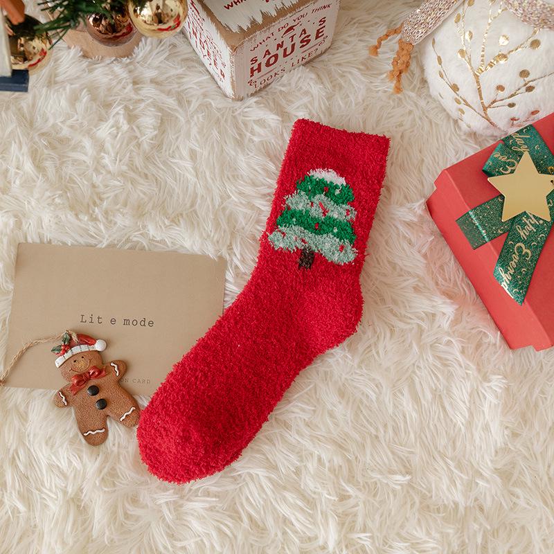 Chaussettes de Noël en Polaire Corail Rouge – Mi-Mollet et Au-Dessus du Genou Unisexe pour l'Automne & l'Hiver