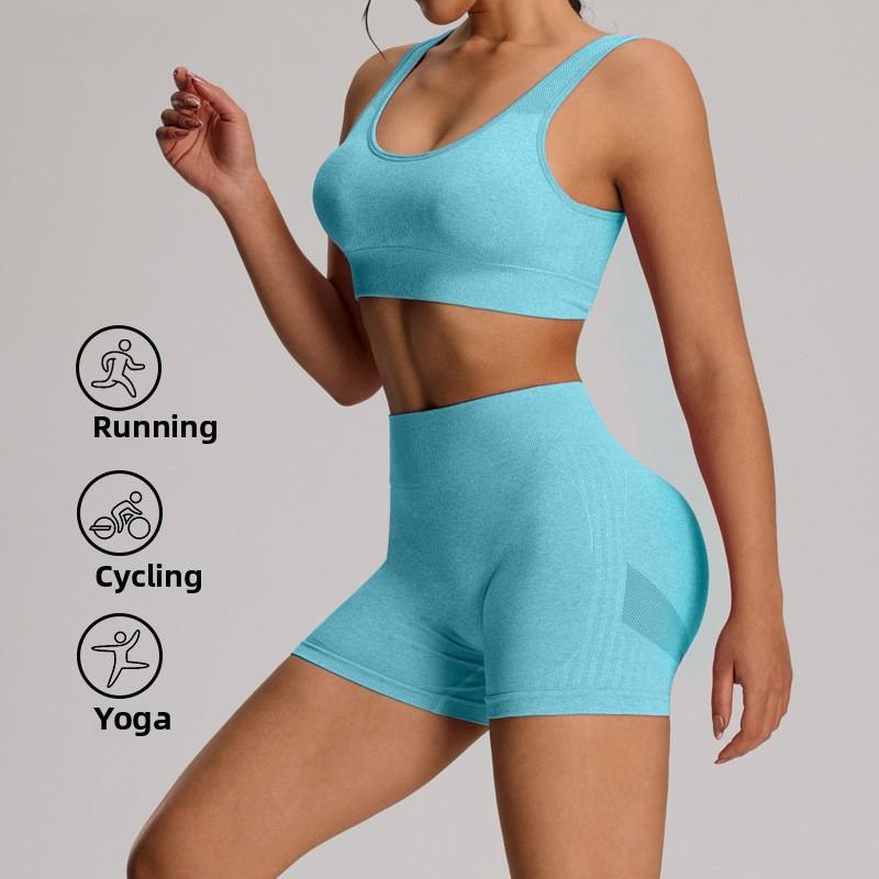 Summer Sexy Back Hollow Out Seamless Yoga Set Women Fitness Outfits Peach Hip Shorts Suit Shockproof Sports Bra Gym Running Suits