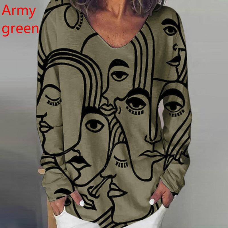 New Women's Fashion Trend Clothing Loose Casual Long Sleeve Character Printed V Neck Shirt & Blouses Plus Size Tops