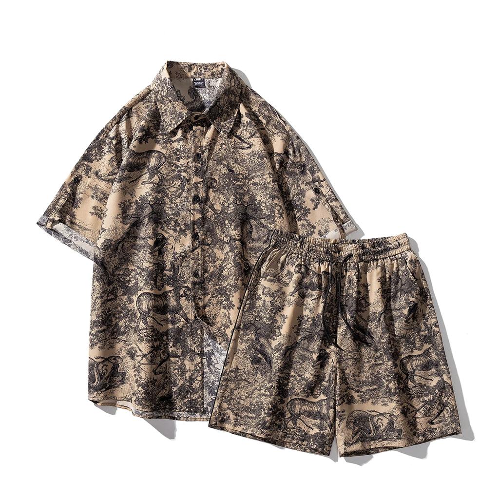 2026 Summer Men Casual Print Sets Men Short Sleeve Single Breasted Shirt+Shorts Set Male Beach Shorts Home Clothes Set