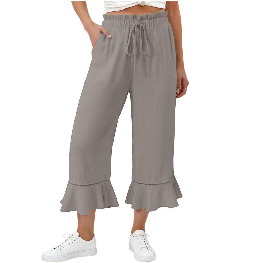 Women's Casual Cotton Linen Drawstring Elastic Waist Pants with Pockets and Ruffle Hem for Summer