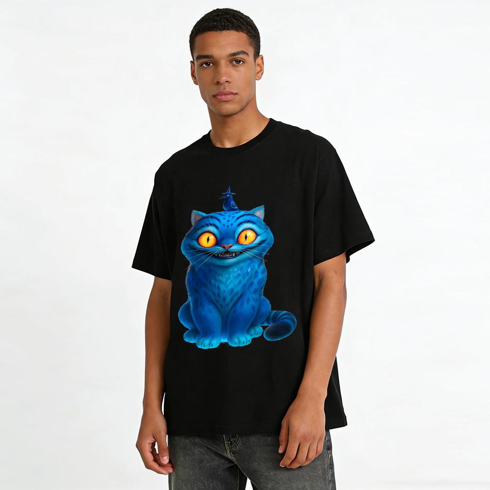 Weird Blue Cat Graphic Casual T-shirt Niche Animal Print Loose Unisex Top Pure cotton T-shirt