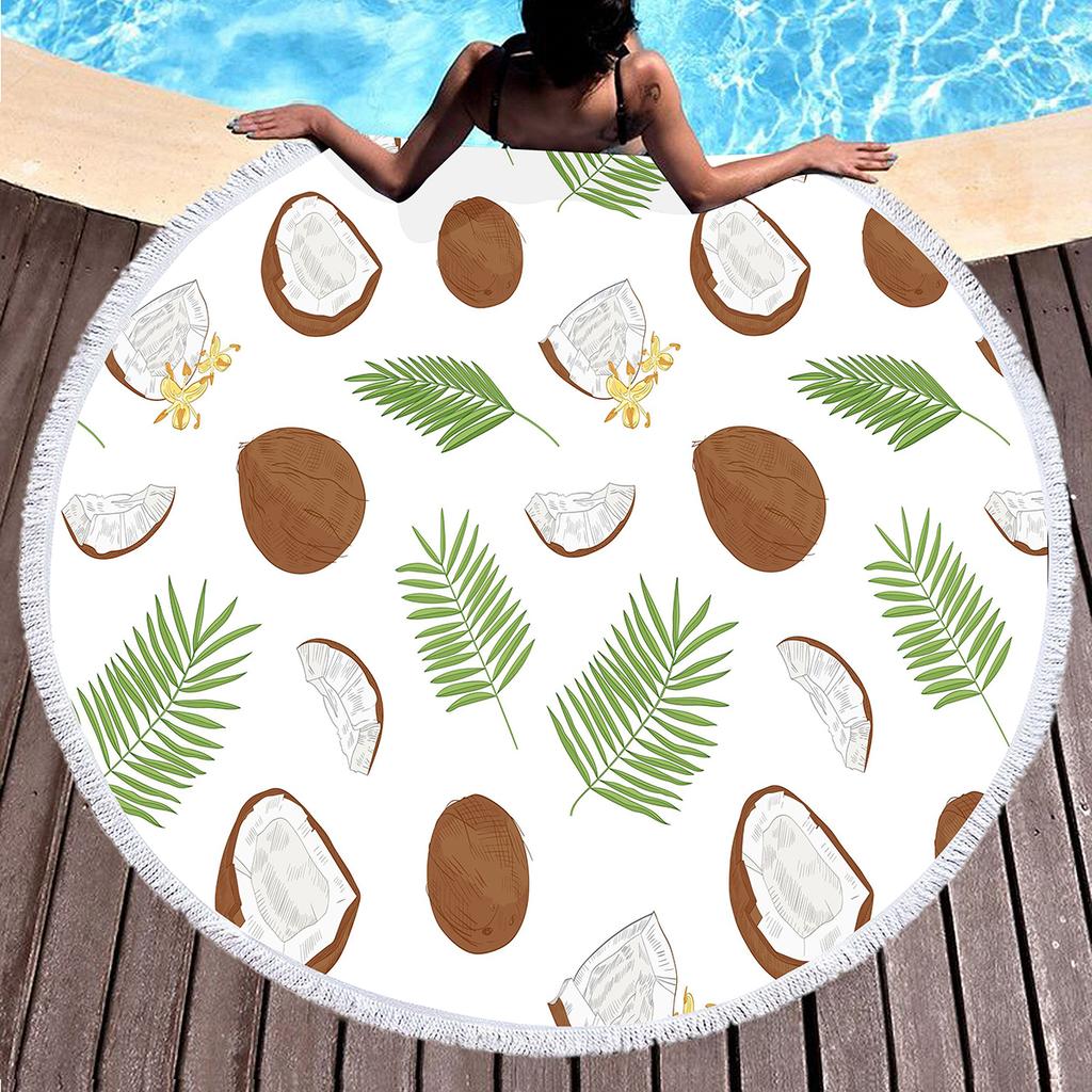 Hawaii Tropical Fruit Coconut Round Beach Towel with Tassels, Microfiber Quick Dry Absorbent Pool Towel Sand Free Beach Blanket