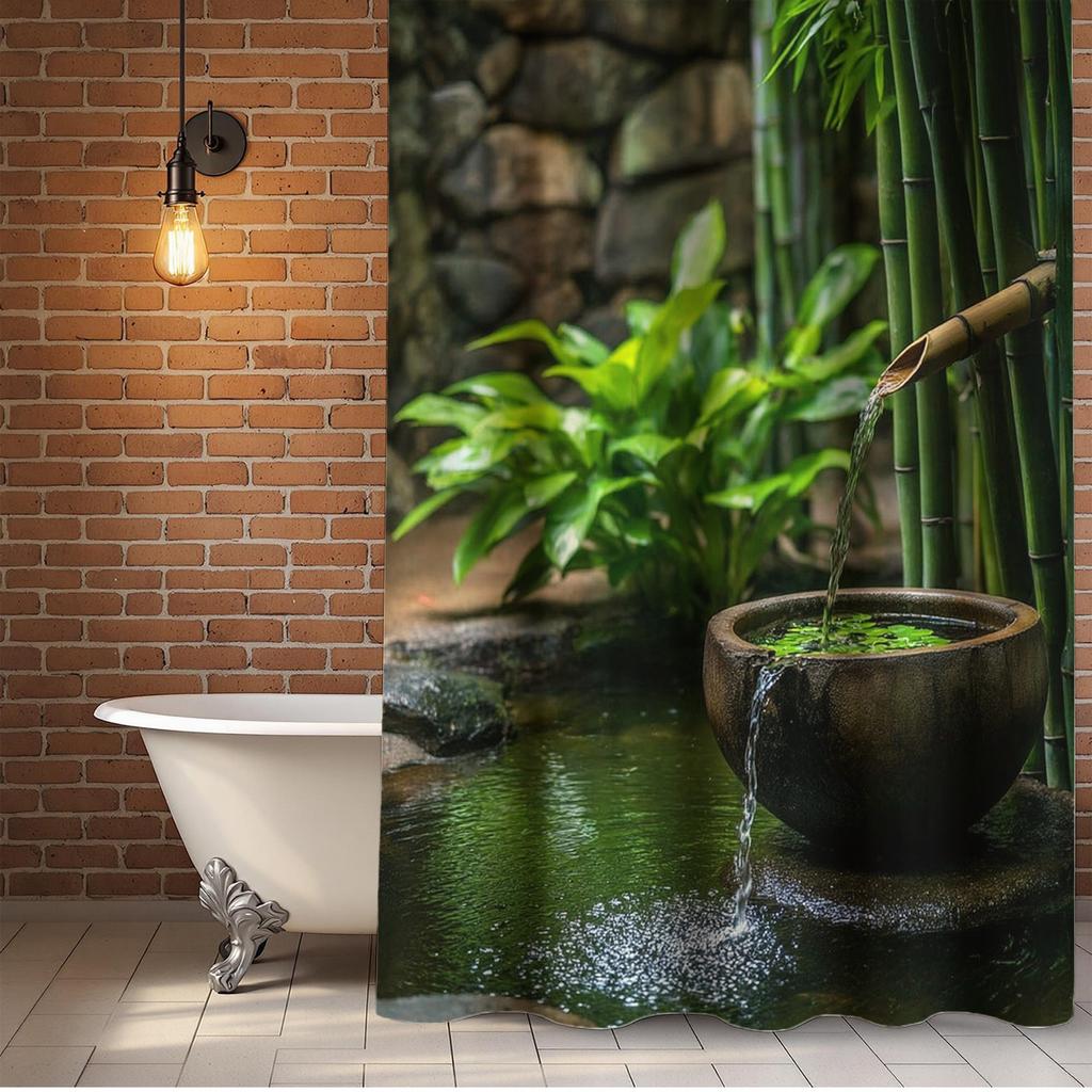 1/4pcs Bamboo Water Fountain Shower Curtain Set Zen Garden Nature Scenery Waterproof Fabric Bath Curtain with 12 Hooks Non Slip Rug and Toilet Cover