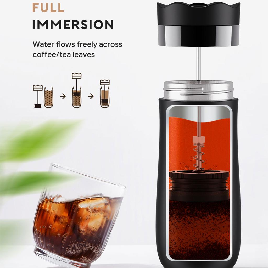 Cafeteira Prensa Francesa Portátil, Copo Térmico de Aço Inoxidável 304 Isolado de 320ml com Tampa de Travamento à Prova de Vazamento, 8 Horas
