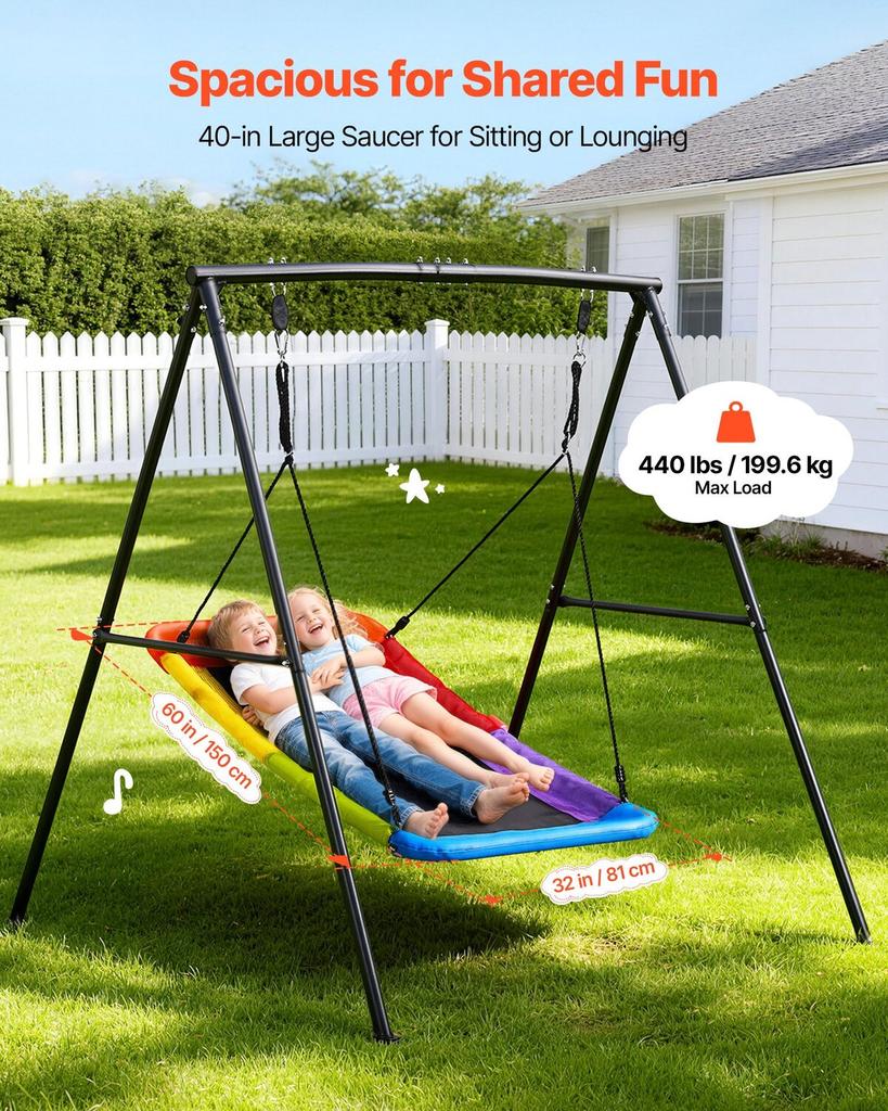 Swing Set for Backyard, 150 X 81 Cm Swing Seat with Heavy Duty A-Frame Metal Stand, 199.6 Kg Load Capacity, Reinforced with Spiral Ground Anchors,