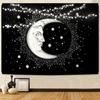 Celestial Moon Tapestry, Black Background with White Crescent Moon Face & Stars Print, Wall Hanging for Boho Bedroom Decor