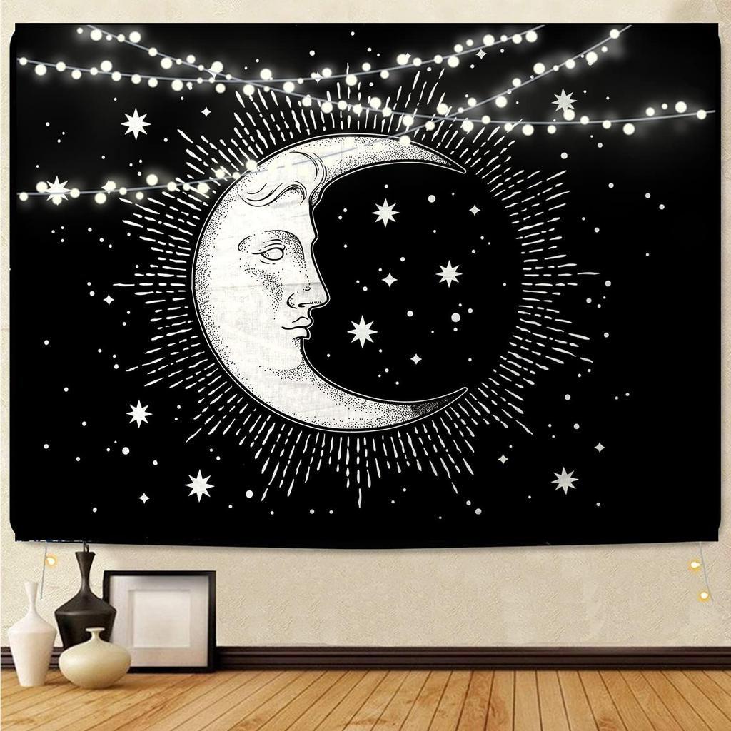Celestial Moon Tapestry, Black Background with White Crescent Moon Face & Stars Print, Wall Hanging for Boho Bedroom Decor