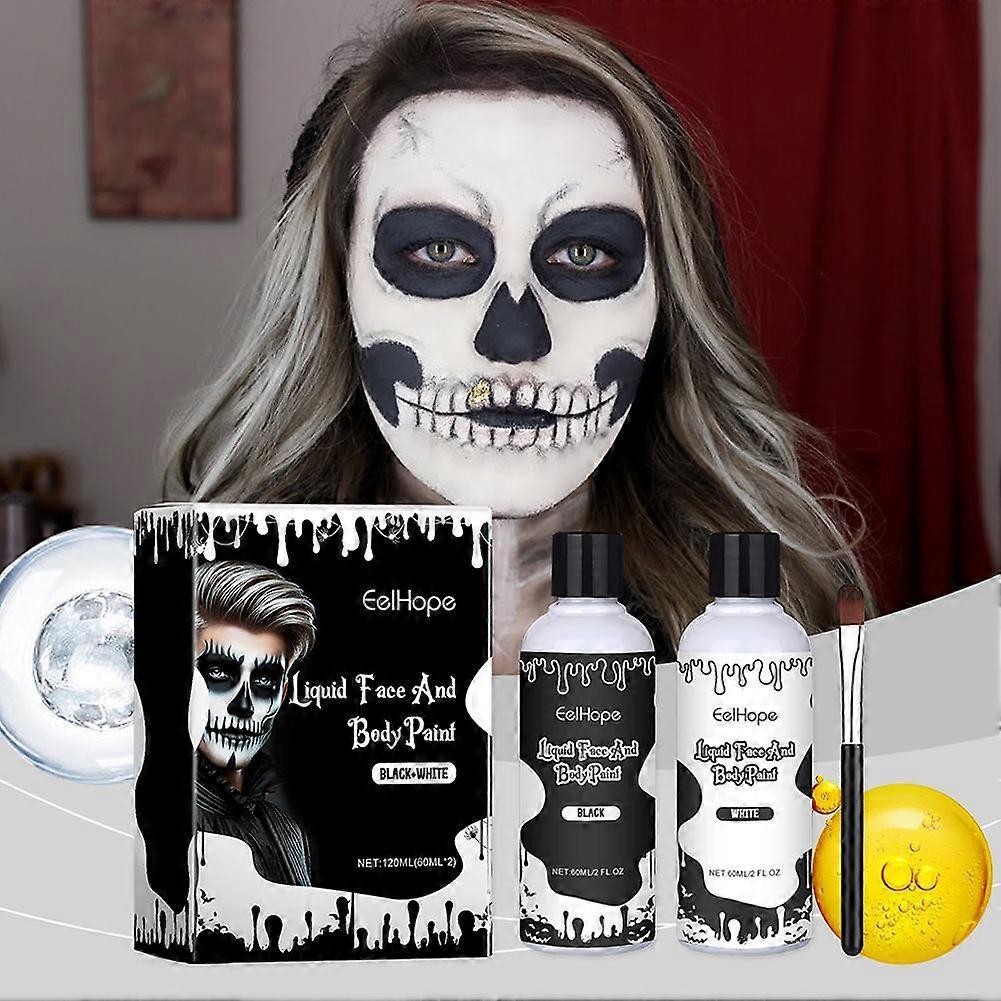 Black and White 60ml Halloween Face Paint Set with Brush, Easy To Use and Smudge-Proof for Parties and Stage Performances