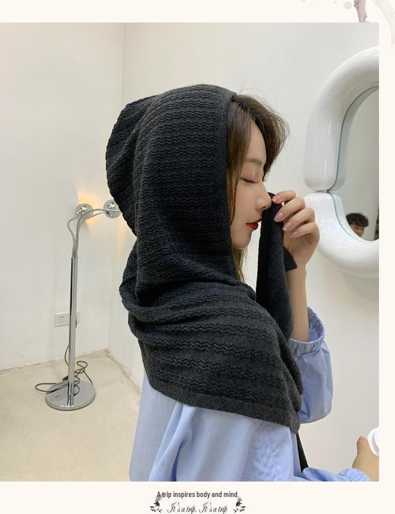 Korean Style Knitted Shawl Scarf Hat Combo - Women's Solid Color Autumn/Winter Cape