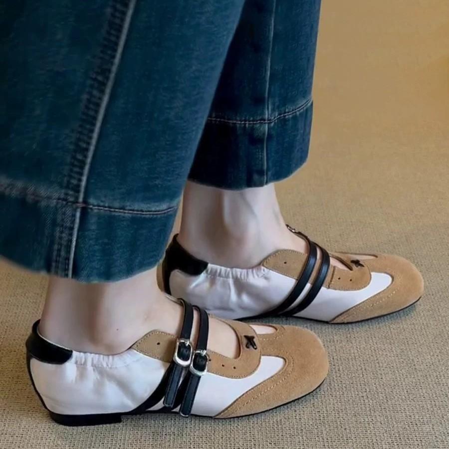 Sheepskin Version~ Retro Niche Color Matching Double-breasted Square Head Flat-bottomed Sports Moral Training Shoes Women's Spring and Autumn Mary Ja