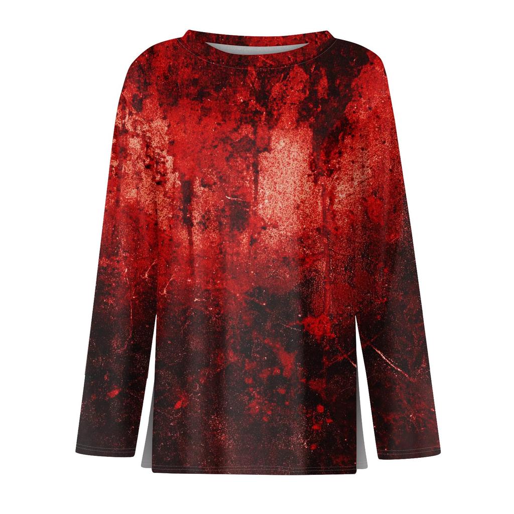 Women's Fashion Hem Slit Casual Halloween Printed Round Neck Long Sleeve Top