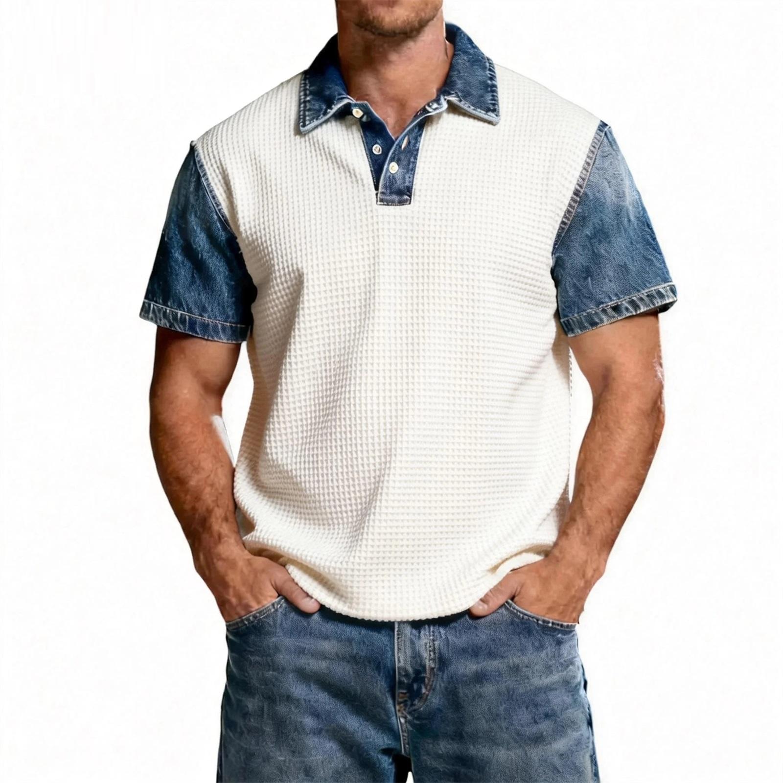 

Men s Denim Patchwork Shirt, Casual Short-sleeved Comfortable T-shirt, Fashionable For Spring And Summer. XL синій