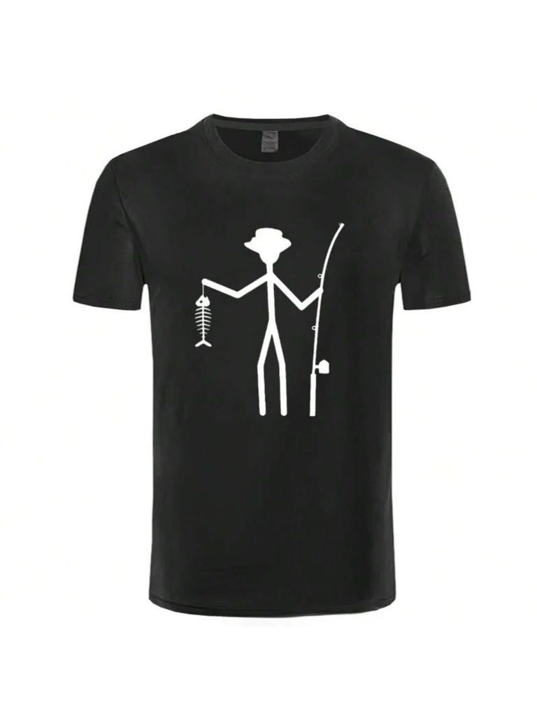 Männliche und weibliche hochwertige Angler-Strichmännchen halten Fischgräten Sommermode lockere Rundhals-Freizeit-Kurzarm-T-Shirts