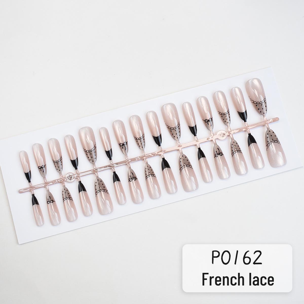

P0161-162 French Polka Dot Lace Cat-Eye Press-On Nails in Black & Red with Bow Detail, All Sizes