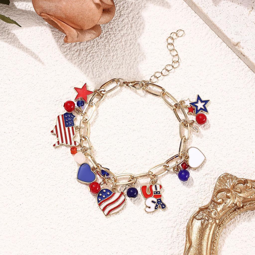 American Independence Day alloy bracelet, red blue white pendant, flag alloy accessory pendant, length 19+5cm tail chain