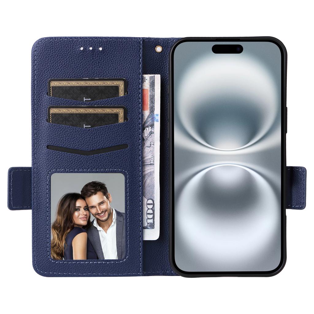 For iPhone 16 Plus Case with Wrist Strap Litchi Texture PU Leather Wallet Phone Cover