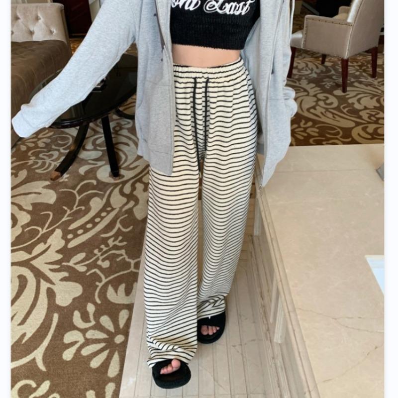 Lazy Wide Leg Pant Women's Spring Summer and Autumn Casual High-waisted Draped Striped Drag Floor Straight Trousers